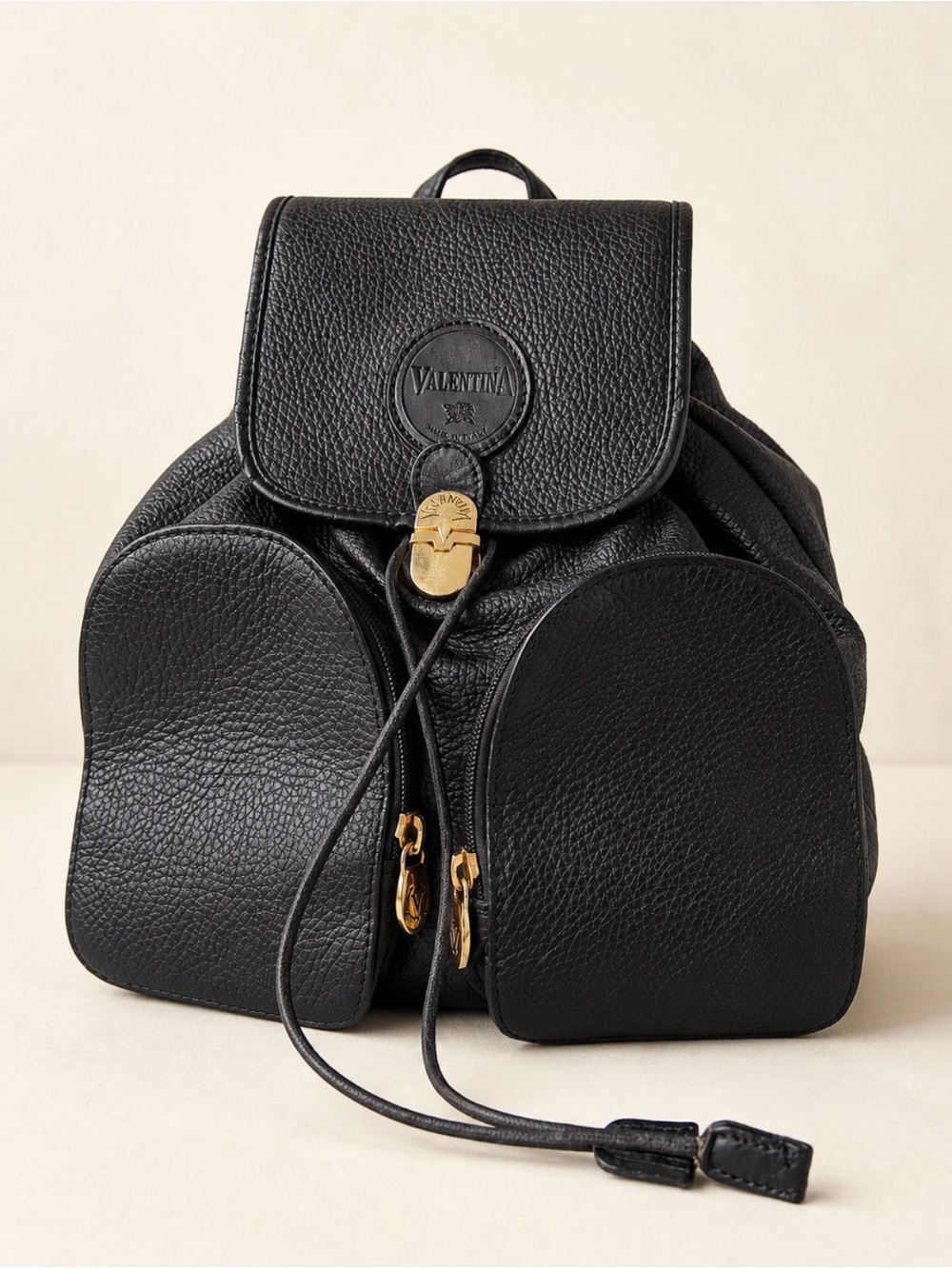 Genuine Leather Black Pebbled Backpack Made in Italy Valentina Drawstring Bag